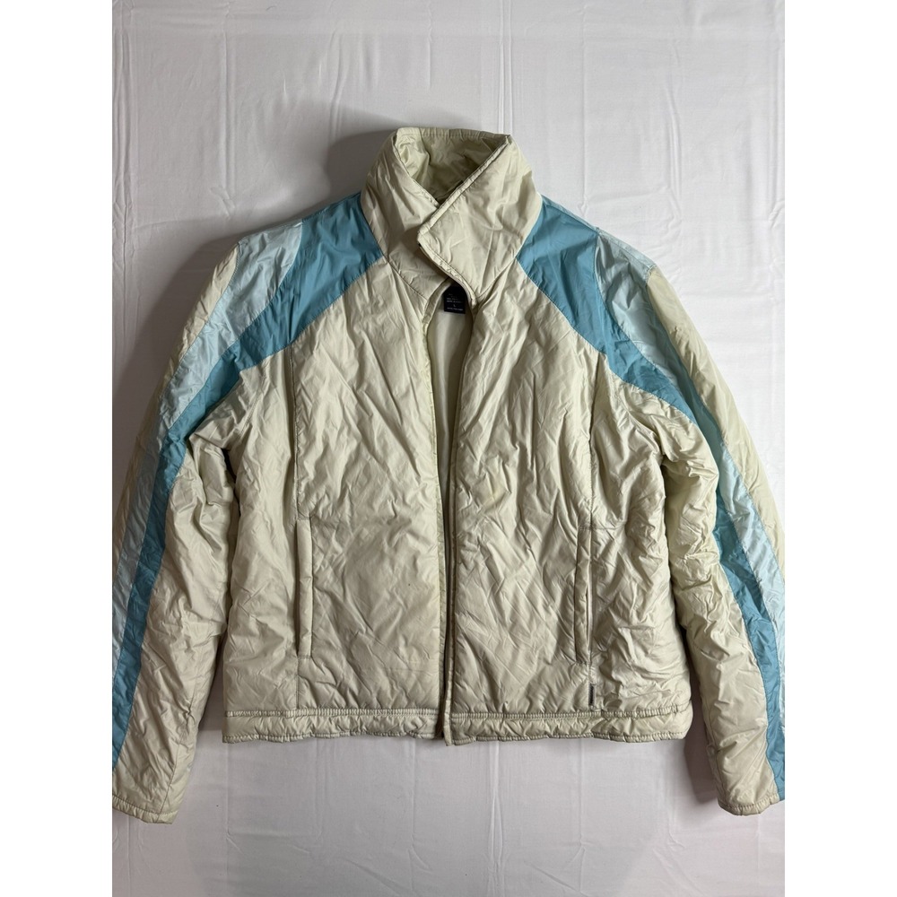 Vintage Y2K Abercrombie & Fitch White Blue Striped Puffer Jacket Large Ski Coat